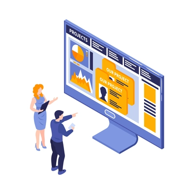 Isometric marketing strategy business composition of isolated computer screen with human characters on blank background vector illustration