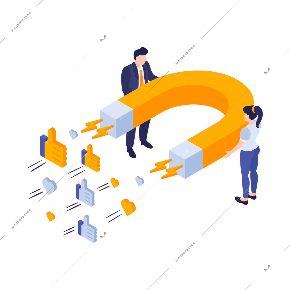 Isometric marketing strategy business composition of isolated magnet with human characters on blank background vector illustration