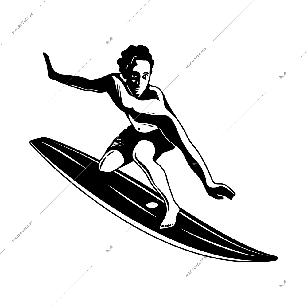 Surfing engraving hand drawn composition with character of surfer riding board vector illustration