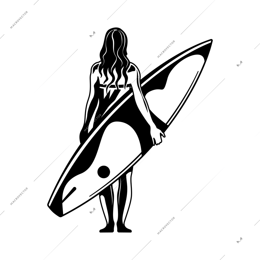 Surfing engraving hand drawn composition with character of female surfer with board vector illustration