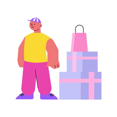 Cosmetic shop composition with character of guy with stack of gift boxes vector illustration
