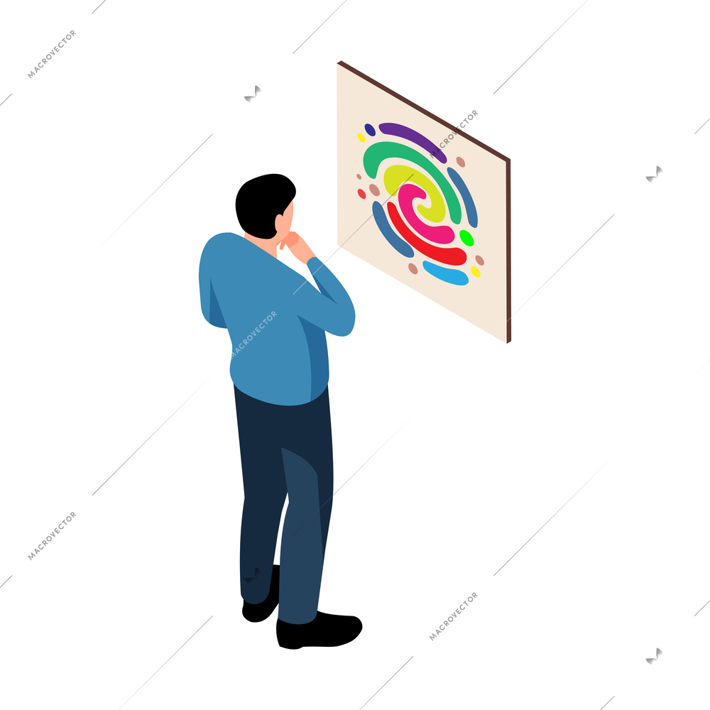 Isometric exhibition art gallery artist curator composition of isolated male character and valuable painting vector illustration