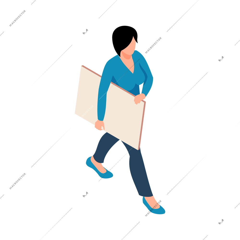 Isometric exhibition art gallery artist curator composition of isolated artist character carrying painting vector illustration