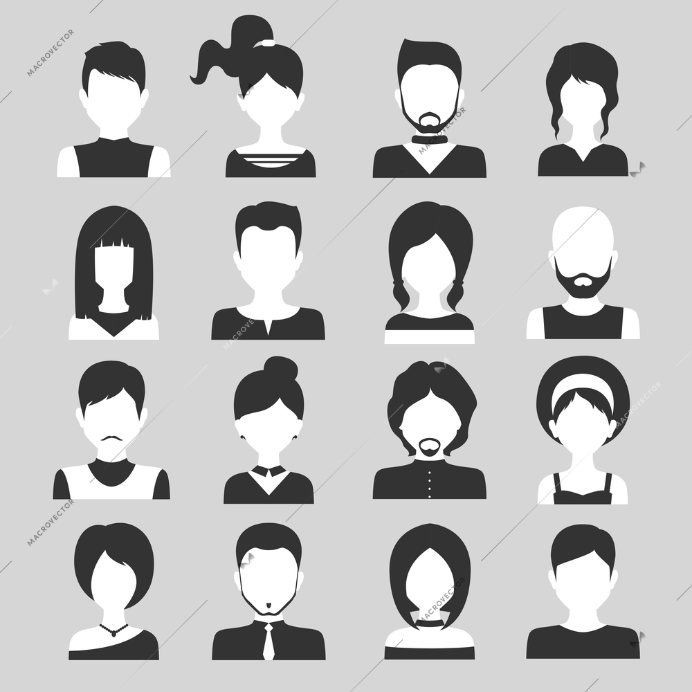 People avatar male and female human faces black and white icons set isolated vector illustration