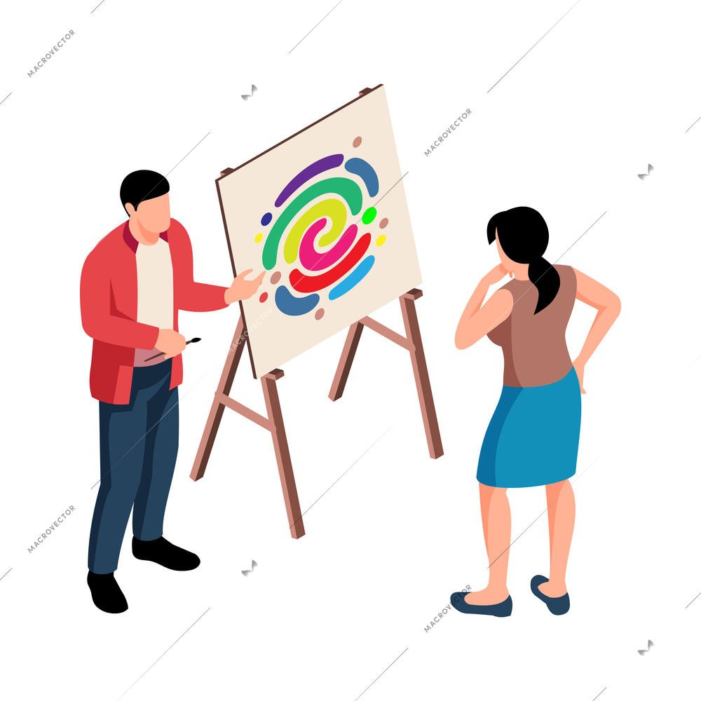 Isometric exhibition art gallery artist curator composition of isolated human characters and painting in progress vector illustration