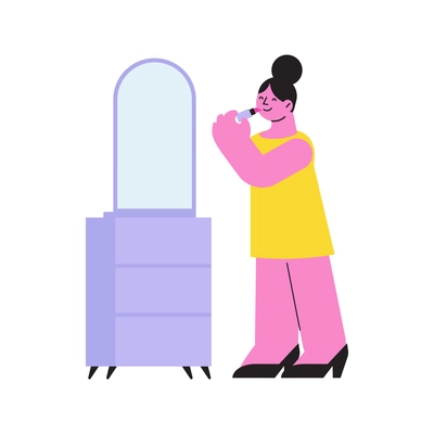 Cosmetic shop composition with doodle female character looking in mirror with lipstick vector illustration