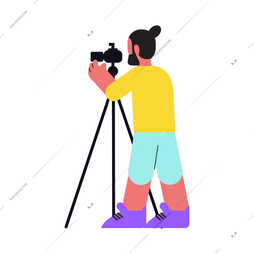 Photo session flat composition with male character of camera operator with camera on tripod stand vector illustration