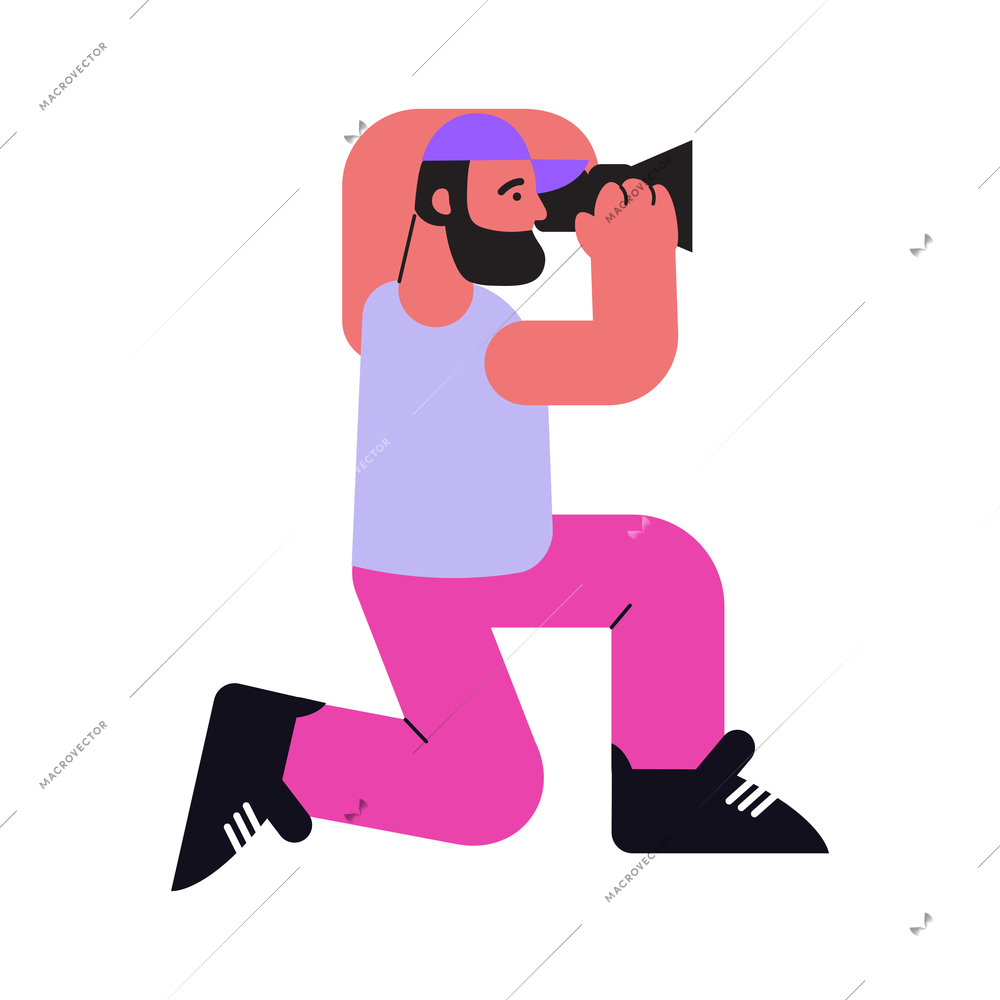Photo session flat composition with character of bearded man standing on knee with camera vector illustration