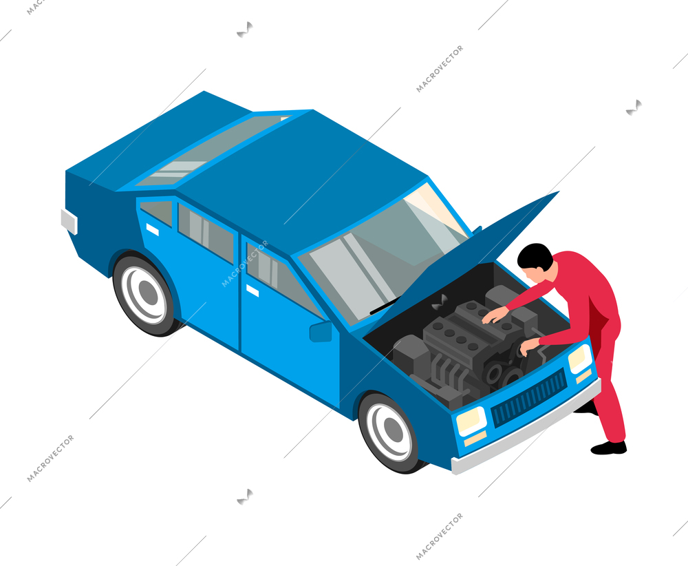 Isometric auto repair composition with service worker character with car on blank background vector illustration