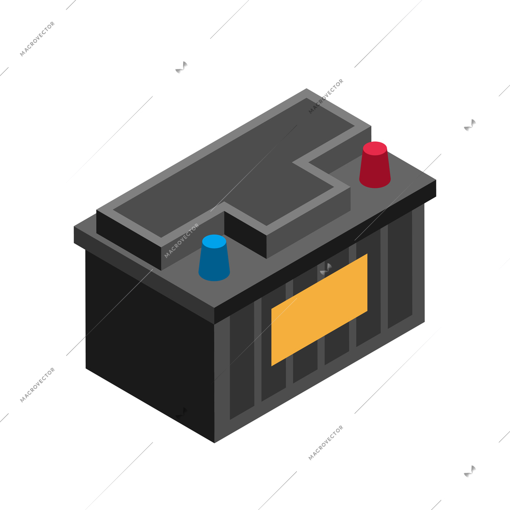 Isometric auto repair composition with isolated image of accumulator on blank background vector illustration