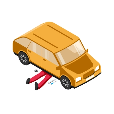 Isometric auto repair composition with isolated image of clients car and legs of serviceman on blank background vector illustration