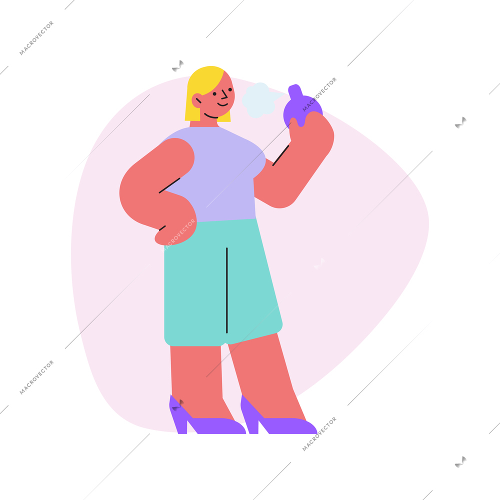 Cosmetic shop composition with female character holding plastic bottle vector illustration