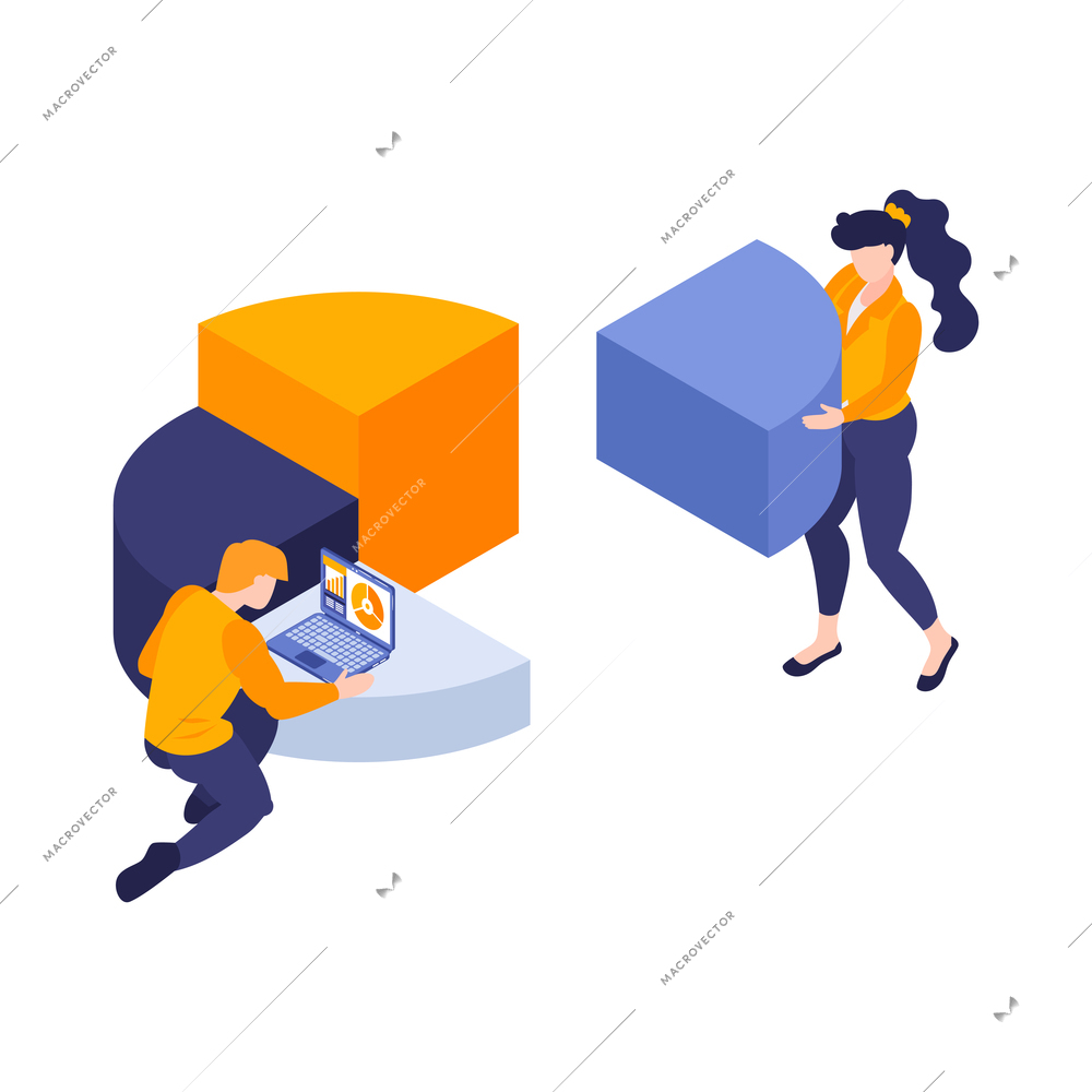 Isometric marketing strategy business composition of isolated pieces of radial chart held by business worker characters vector illustration