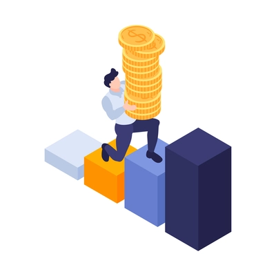 Isometric marketing strategy business composition of male character stepping up bar chart stairs carrying stack of coins vector illustration