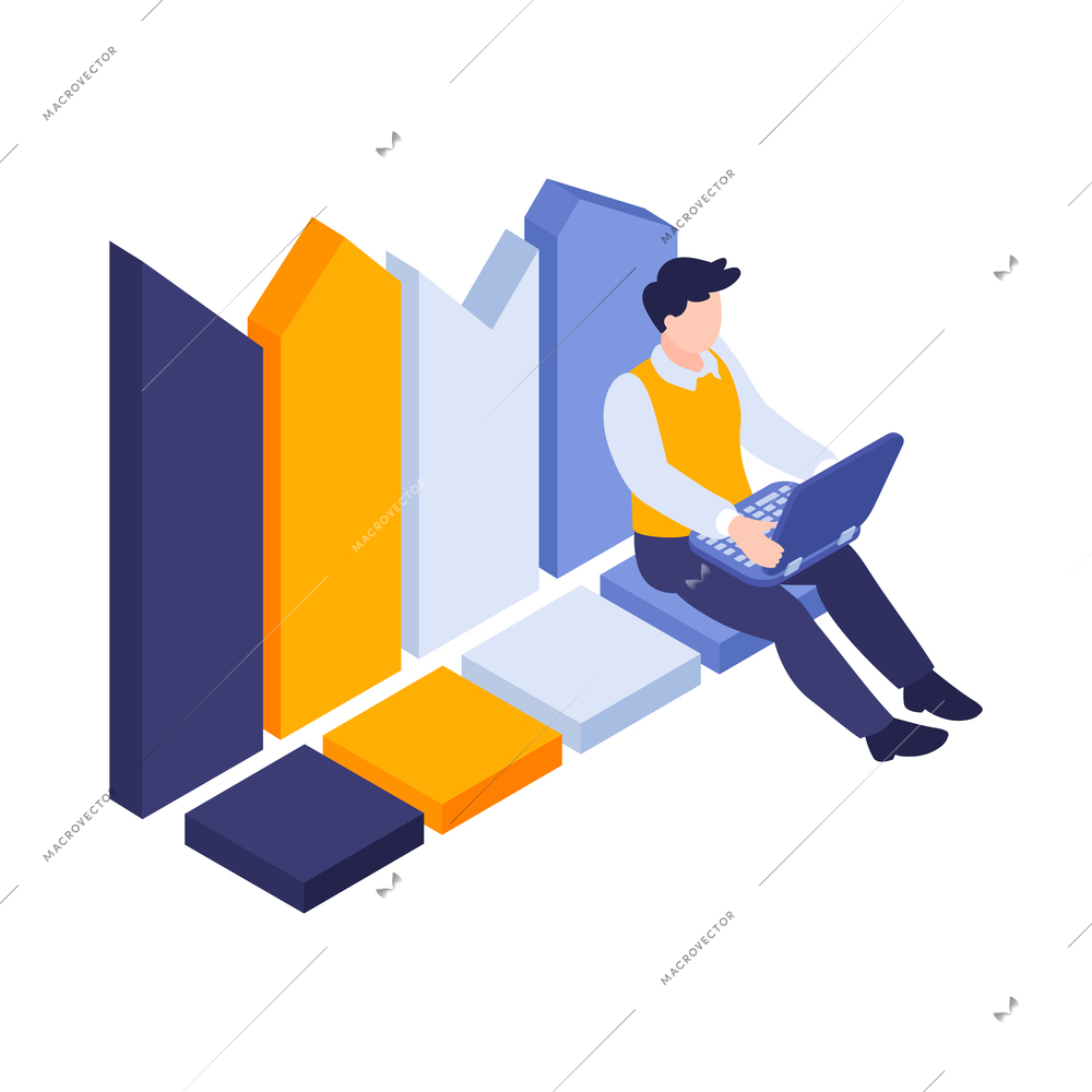 Isometric marketing strategy business composition of isolated infographic icons and male character on blank background vector illustration