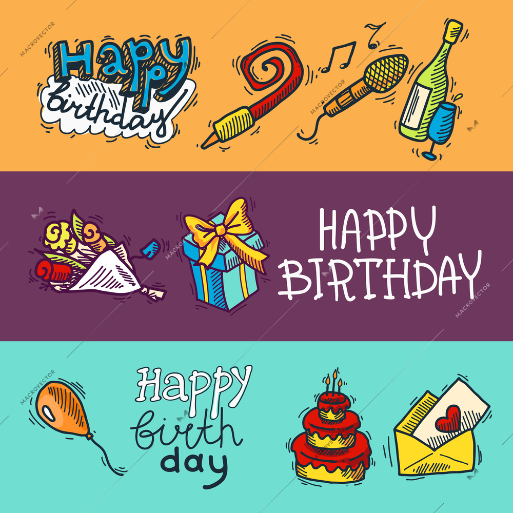 Birthday party celebration sketch decorative colored banner set with cake gifts champagne glass isolated vector illustration.