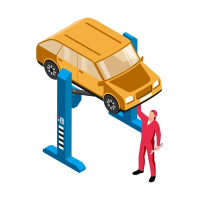 Isometric auto repair composition with car on jacking apparatus and character of repairman on blank background vector illustration