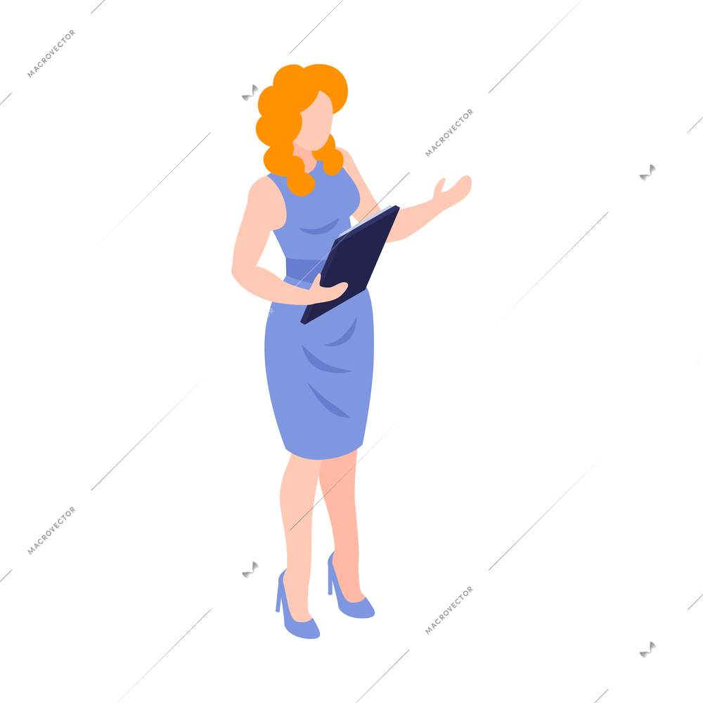 Isometric business education coaching training composition with female character of presenter vector illustration