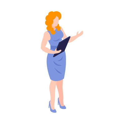 Isometric business education coaching training composition with female character of presenter vector illustration