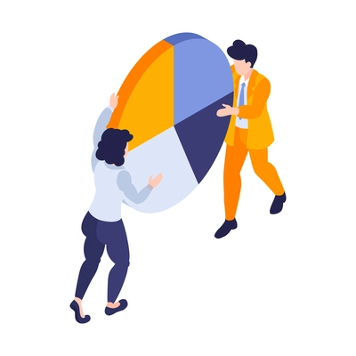 Isometric marketing strategy business composition of isolated radial chart held by two human characters on blank background vector illustration