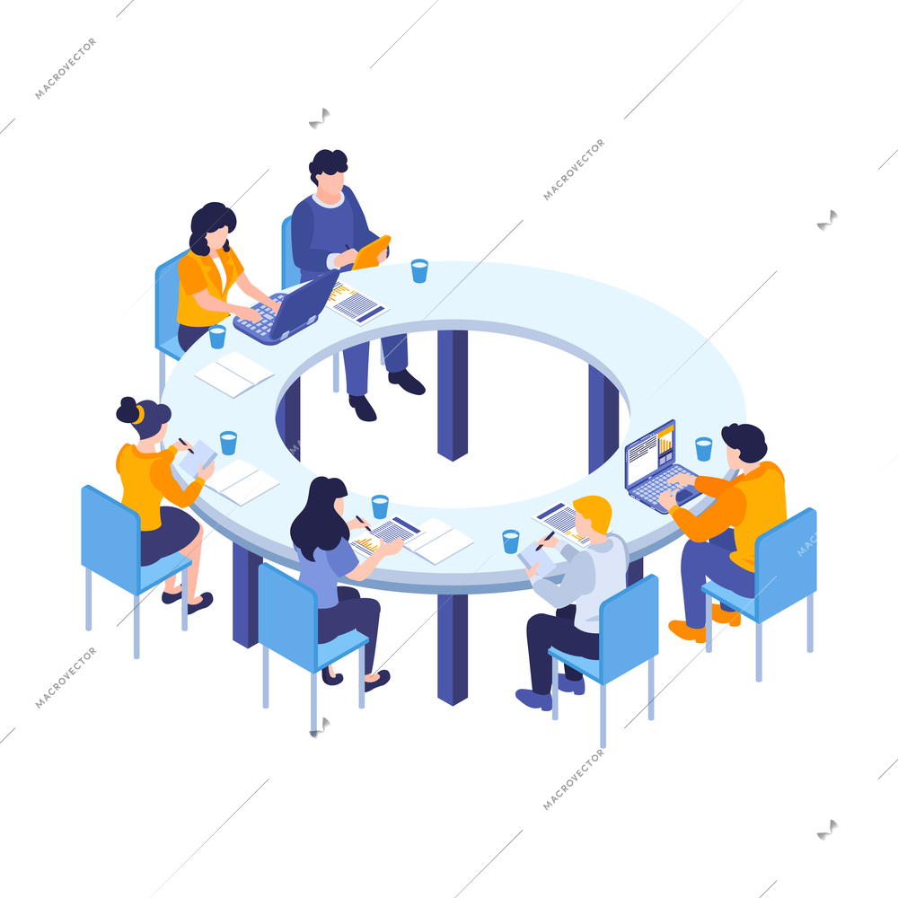 Isometric business education coaching training composition with circle shaped table and coworkers vector illustration