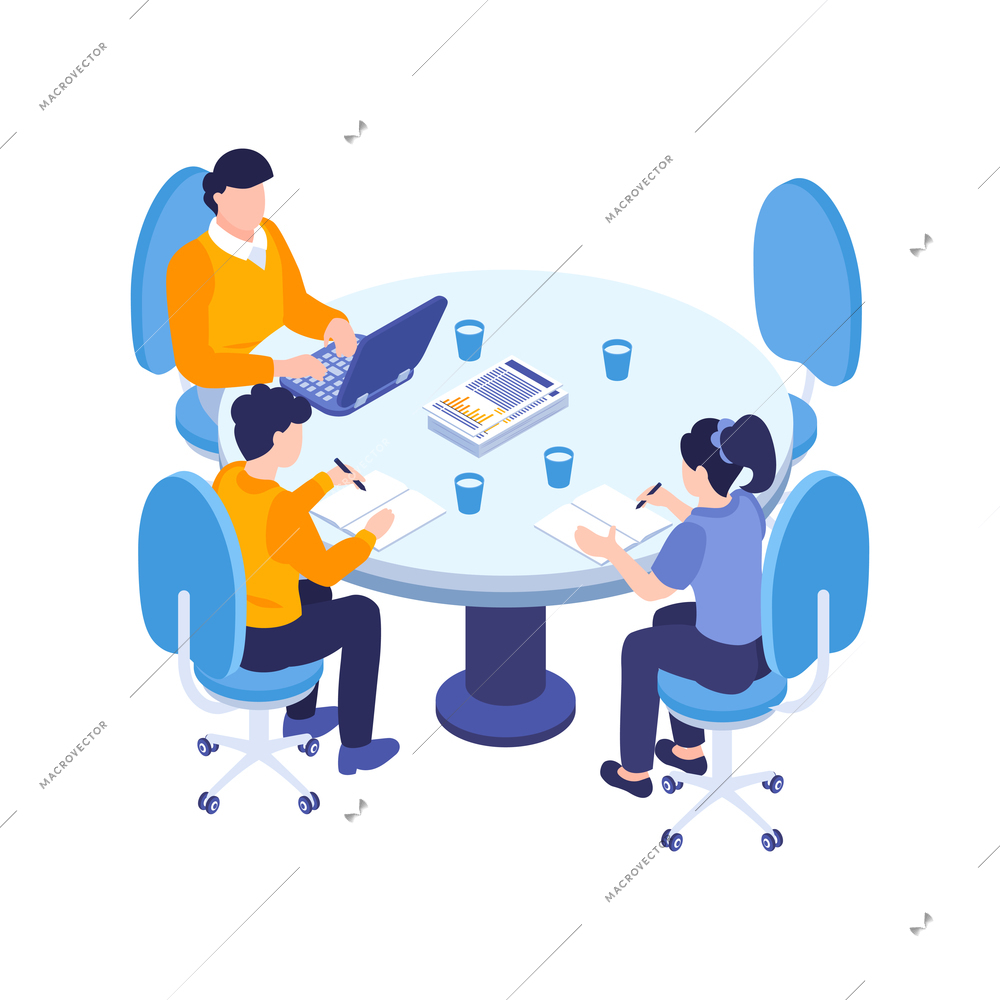 Isometric business education coaching training composition with coworkers sitting at round table with laptop and documents vector illustration