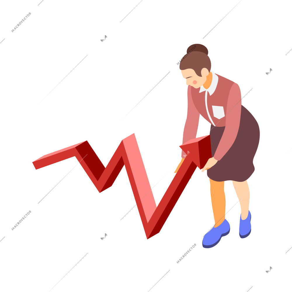 Brand building isometric composition with female character of brand manager with arrow vector illustration