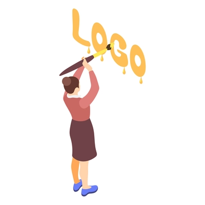 Brand building isometric composition with female character of brand manager drawing logotype vector illustration