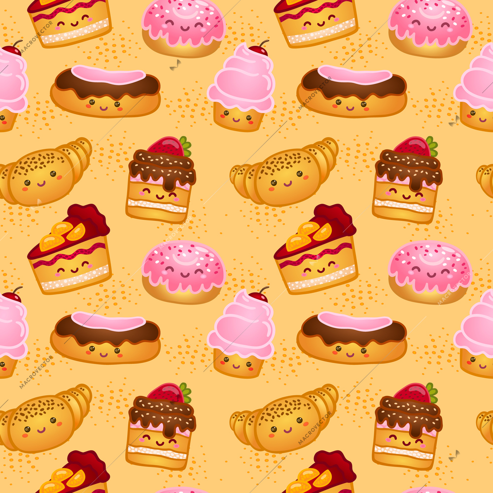 Seamless sweet baked pastries vector illustration pattern