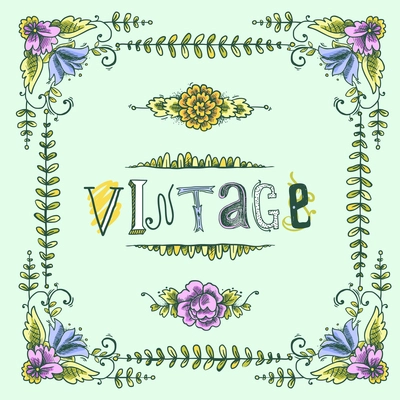 Vintage retro floral colored sketch postcard frame with flowers and swirls vector illustration