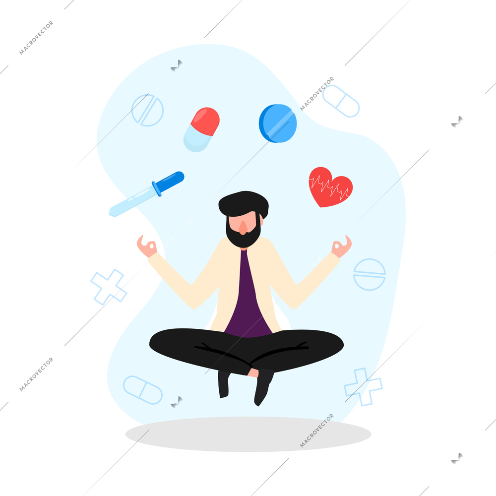 Online doctor medicine composition with character of male doctor juggling with pills vector illustration