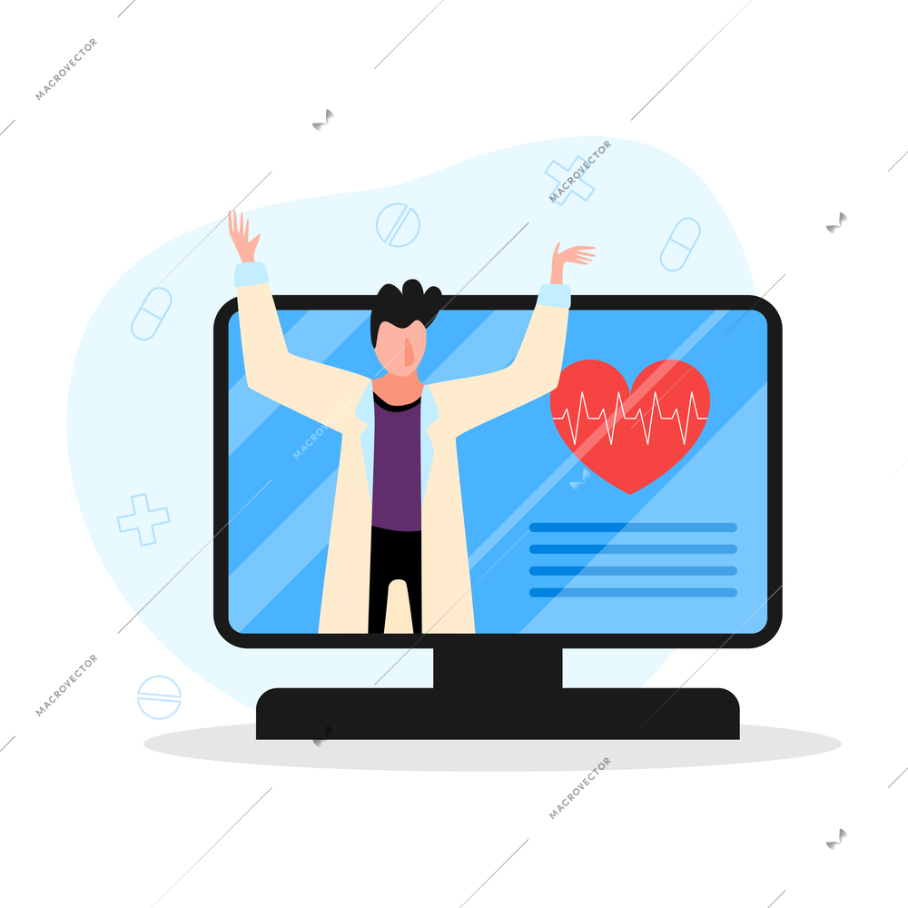 Online doctor medicine composition with character of male doctor inside computer screen vector illustration