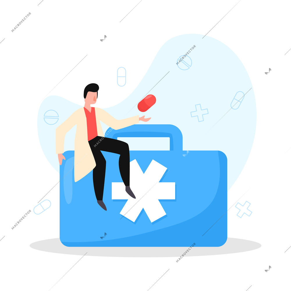 Online doctor medicine composition with character of male doctor sitting on top of first aid box vector illustration