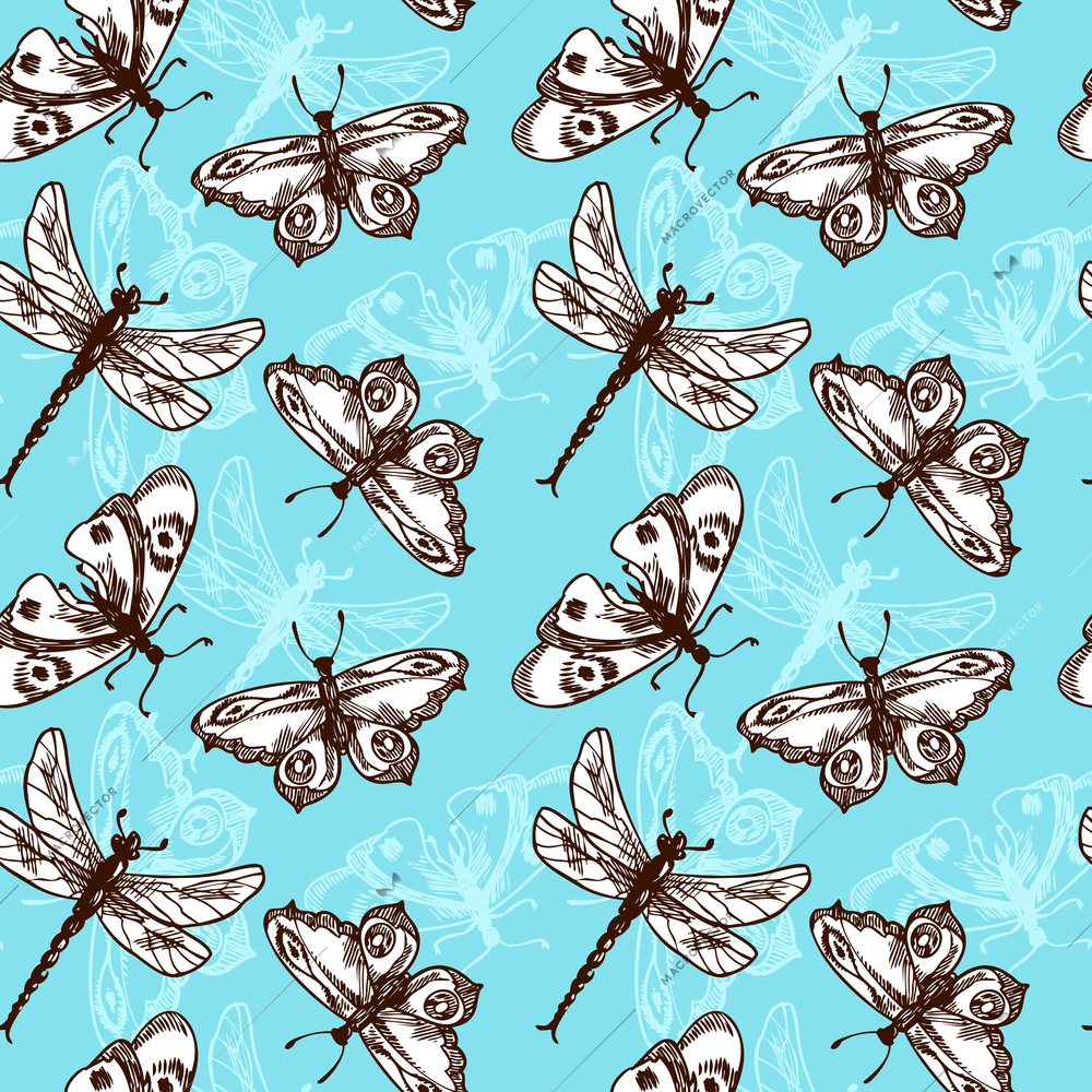 Butterflies and dragonflies insects blue sketch seamless pattern vector illustration