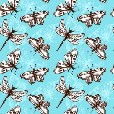 Butterflies and dragonflies insects blue sketch seamless pattern vector illustration