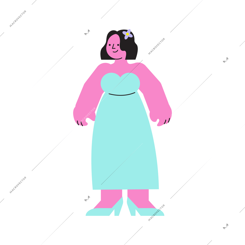 Photo session flat composition with isolated human character of fat girl in bright dress with flower in hair vector illustration