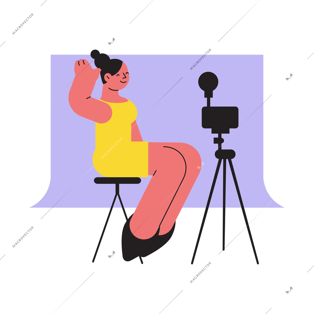Photo session flat composition with sitting female character with camera vector illustration