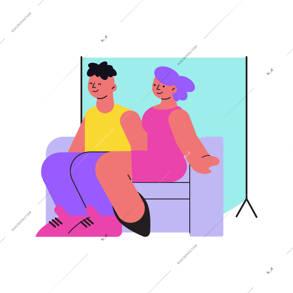 Photo session flat composition with characters of couple on sofa in photo studio vector illustration