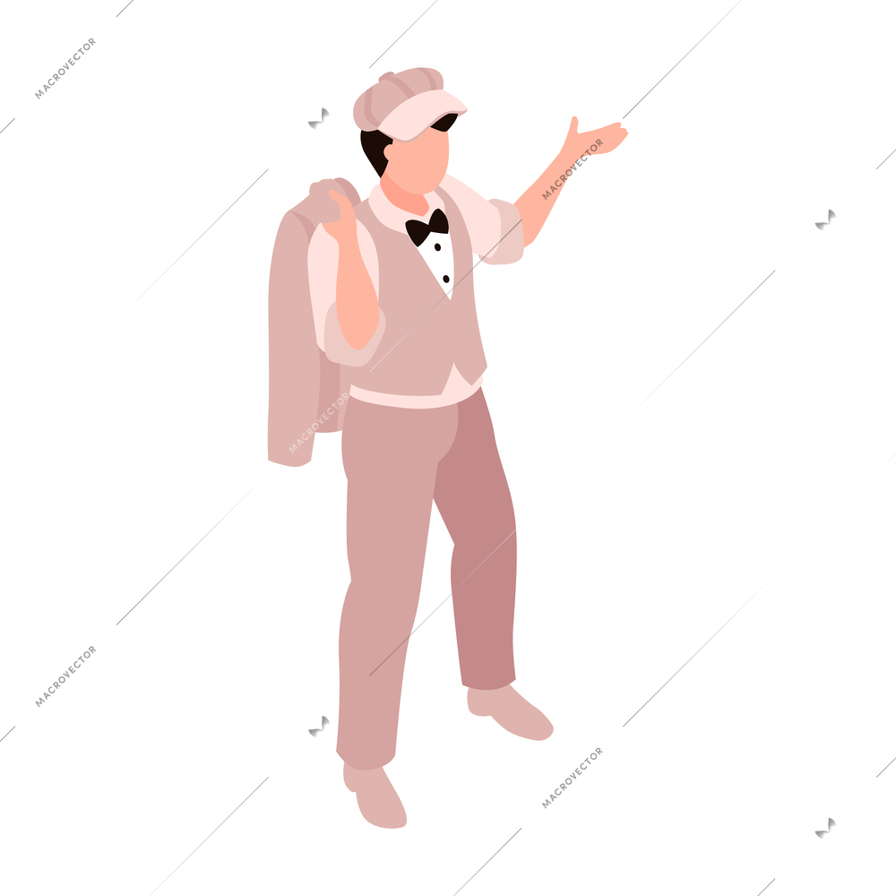 Isometric celebrities red carpet paparazzi composition with isolated human character of rich guy in luxury outfit vector illustration