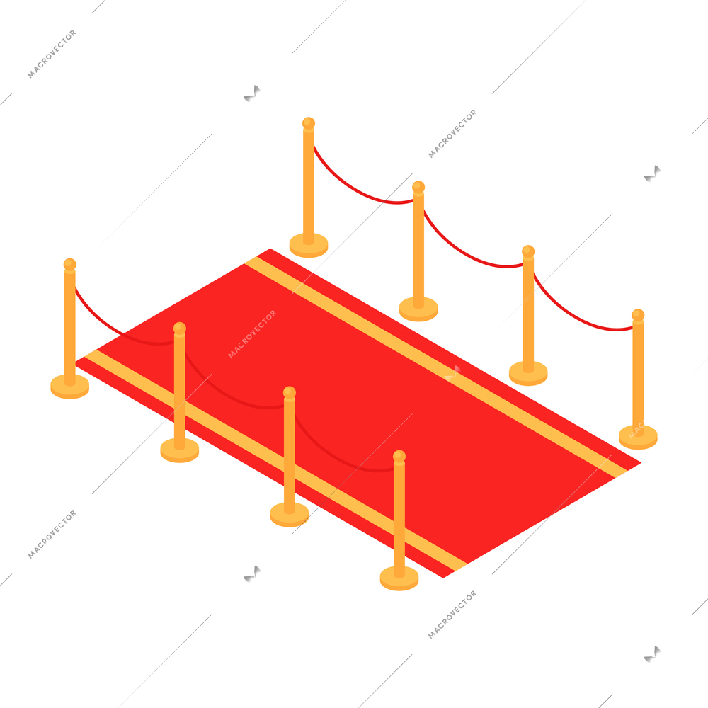 Isometric celebrities red carpet paparazzi composition with isolated image of red carpet with golden poles and ties vector illustration