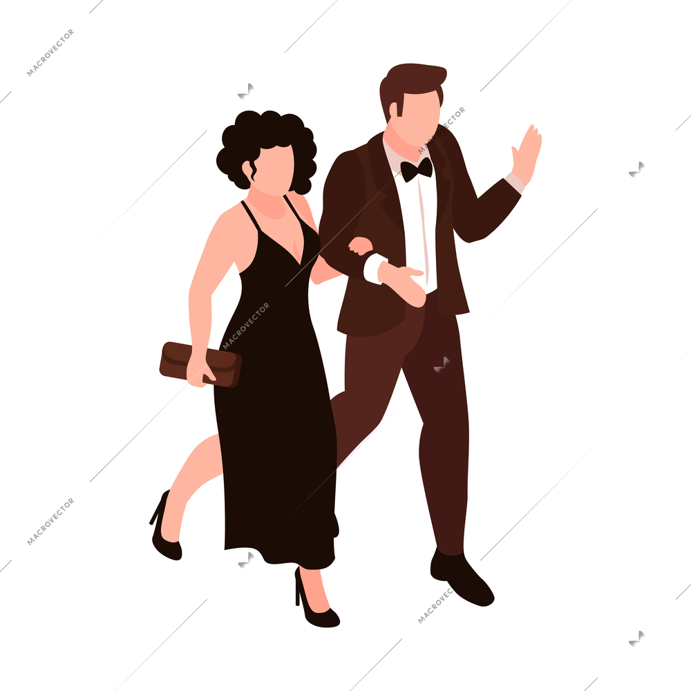 Isometric celebrities red carpet paparazzi composition with isolated human character of walking couple stars vector illustration
