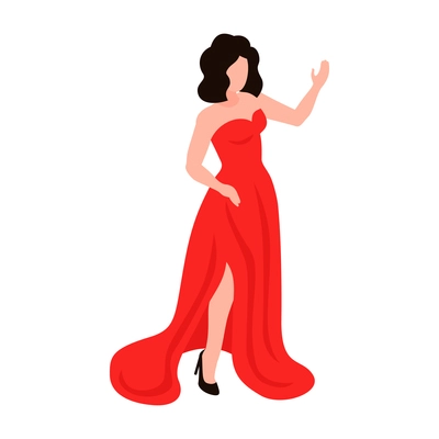 Isometric celebrities red carpet paparazzi composition with isolated female character of woman wearing long red dress vector illustration