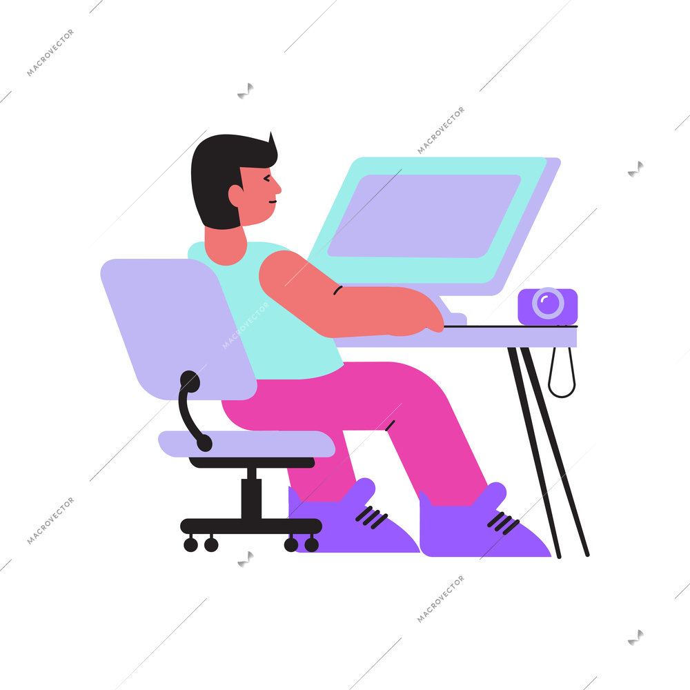 Photo session flat composition with character of male photographer sitting at computer table processing photos vector illustration