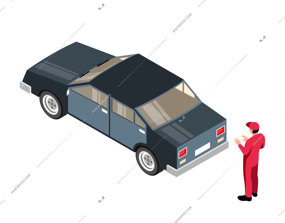 Isometric auto repair composition with character of service worker and clients car on blank background vector illustration