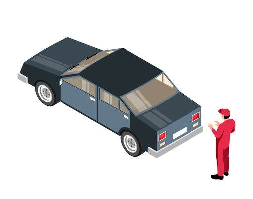 Isometric auto repair composition with character of service worker and clients car on blank background vector illustration