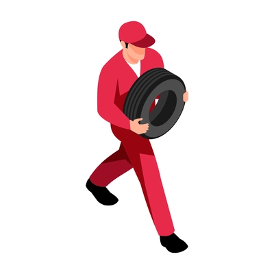 Isometric auto repair composition with character of walking handyman carrying wheel on blank background vector illustration