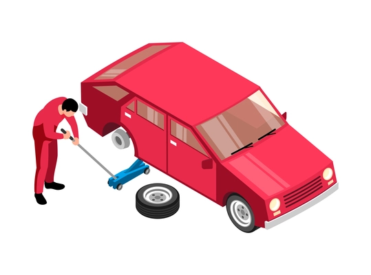 Isometric auto repair composition with character of serviceman changing wheel of car on blank background vector illustration