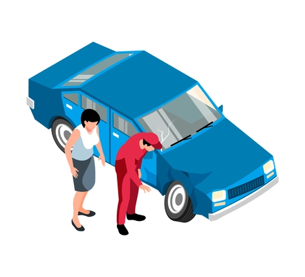 Isometric auto repair composition with characters of service worker and car owner with crashed car on blank background vector illustration