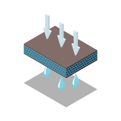 Nanotechnology isometric composition with isolated image of material piece with arrows and water drops vector illustration