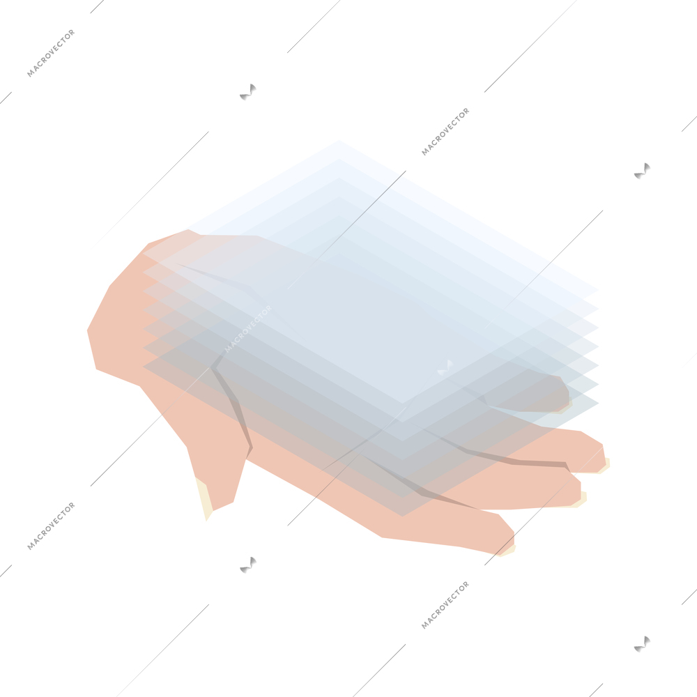 Nanotechnology isometric composition with isolated image of human hand holding multiple layers of transparent material vector illustration